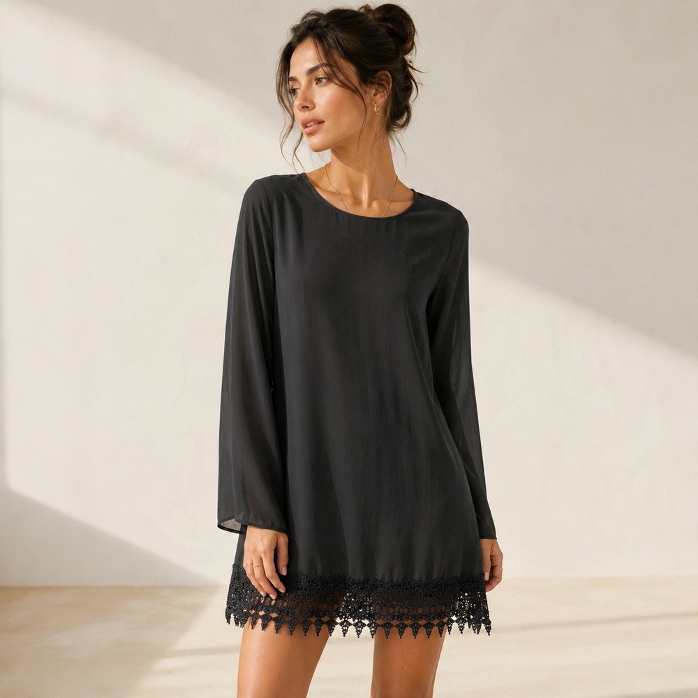 FAVOLOOK Black Chiffon Long Sleeve Mini Dress Crochet Lace Hem XL LBD Shift